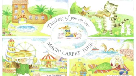 Image shows The Giant’s Postcard from the book The Jolly Postman, reads 'thinking of you on your magic carpet tour' with various characters from the book