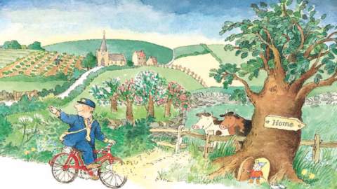 Image shows The Jolly Postman on bike waving goodbye