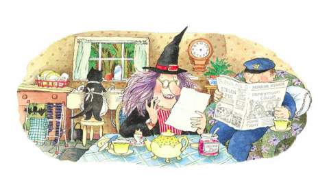 Image shows the Wicked Witch and Jolly Postman characters sitting at a table reading a letter from the book The Jolly Postman