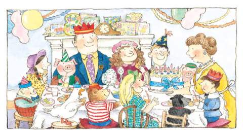 Image shows table full of The Jolly Postman characters eating a meal with Goldilocks