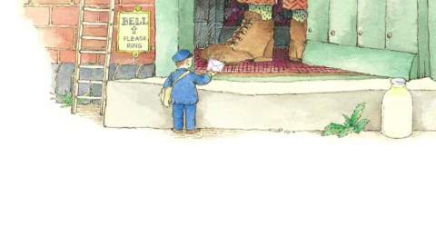 Image shows the Jolly Postman at the door of the giant holding a letter, and the Giant's boot in the doorway - from the book The Jolly Postman