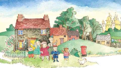 Image shows characters waving to The Jolly Postman with house and postbox in background