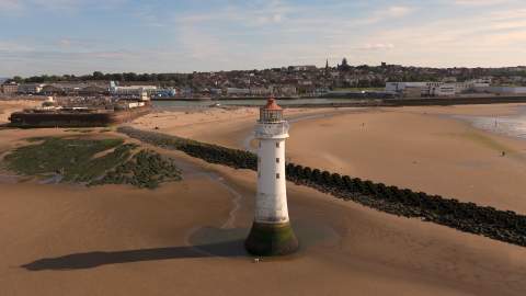 Aerial shot of New Brighton Beach and New Brighton Lighthouse