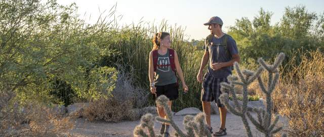 a couple hiking through the desert in Chandler, az