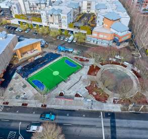 Legacy Square, a public square in downtown Renton featuring stage, futsal court and spot for a new playground.
