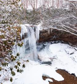 A frozen waterfall in a state park on a snowy day