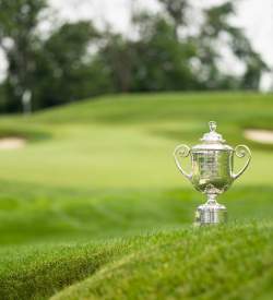 The Wanamaker Trophy sitting on the fairway of Aronimink Golf Course in Newtown Square