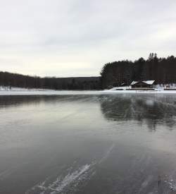 A frozen lake with snow on the banks and large trees in the background