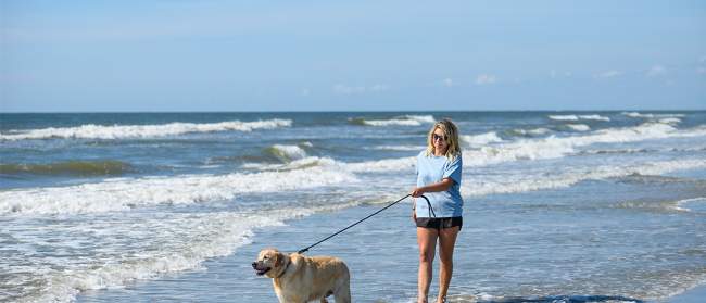 woman walking dog in the surf