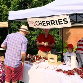 Customers lined up at vendor booth. Cherries for sale.