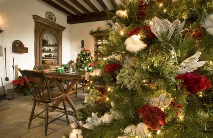 Festive holiday room at Hagley Museum with a decorated tree and seasonal décor