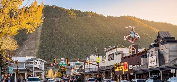 Charming downtown Jackson Hole with shops and mountain views in Teton County, Wyoming.