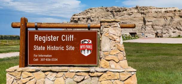 Historic Register Cliff with engraved pioneer names in Guernsey, Platte County, Wyoming.