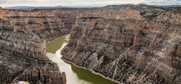 Dramatic cliffs and water below at Bighorn Canyon National Recreation Area in Big Horn County, Wyoming.