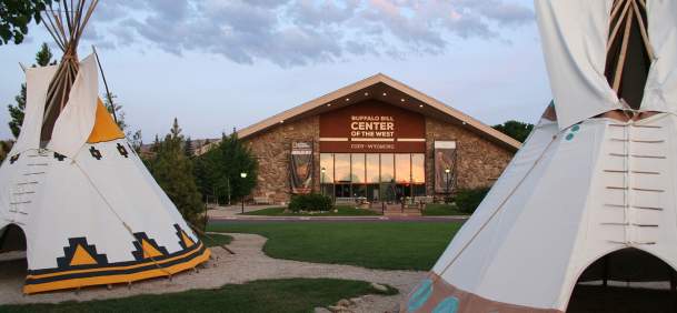Entrance to the Buffalo Bill Center of the West featuring a bronze statue in Cody, Park County, Wyoming.