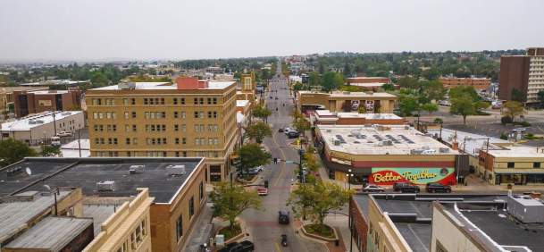 Overhead view of downtown Casper, Wyoming, showcasing historic buildings and quiet streets in Natrona County.