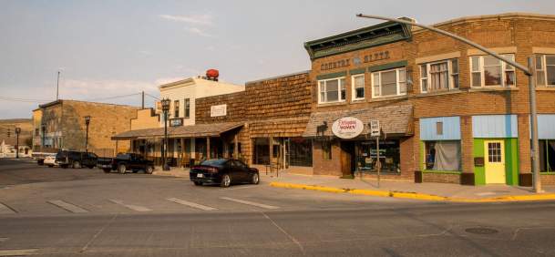Historic downtown Kemmerer, Wyoming, featuring charming storefronts and a small-town atmosphere.