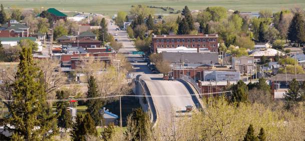 Overhead view of downtown Lusk, Wyoming, showcasing historic buildings and quiet streets in Niobrara County.