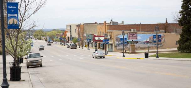 Quaint downtown Newcastle with historic buildings and a small-town atmosphere in Weston County, Wyoming.