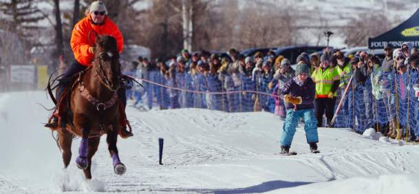 Horse pulling a skier on a snowy course during a skijoring event, with a crowd watching from the sidelines.