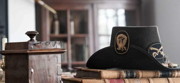 Artifacts on desk inside at Fort Laramie National Historic Site in Goshen County, Wyoming.