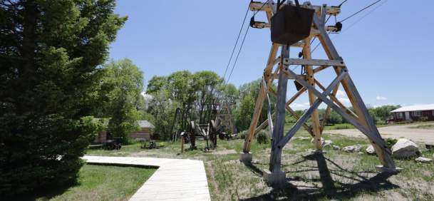 Historic wooden buildings at the Grand Encampment Museum in Carbon County, Wyoming.