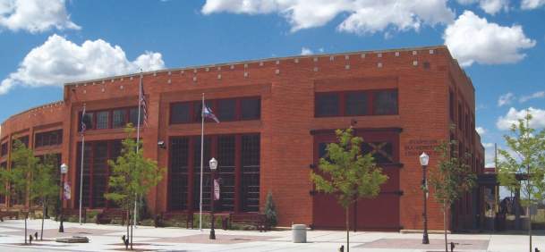 Historic Union Pacific Railroad Roundhouse with brick architecture in Evanston, Wyoming.