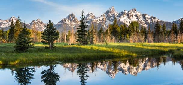 Snowy mountain rage and forest reflected in water below