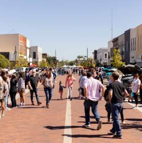 People on a historic downtown street