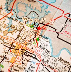 Zoomed in photo of map highlighting Denison, Texas