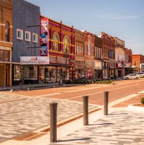 Shops and historic buildings along the 400 block of Main Street in Denison