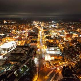 Aerial view of downtown Saratoga Springs at night