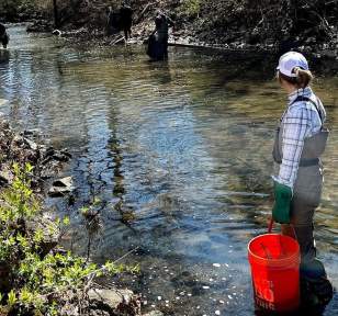A woman stands in a creek with an orange bucket cleaning up litter