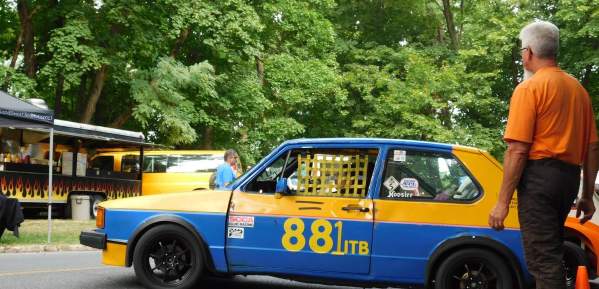 Blue and yellow race car