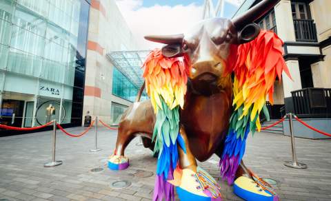 Birmingham Bullring Bull dressed for Pride