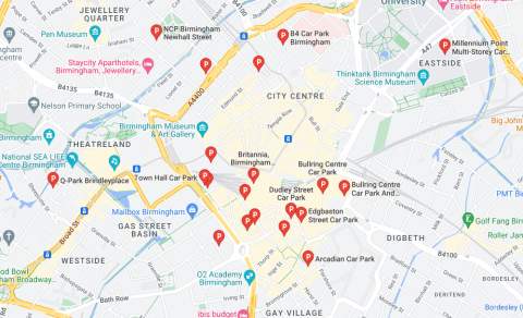Google maps showing car parks in Birmingham