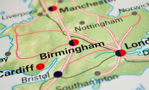 Map of the UK highlighting major cities including Birmingham