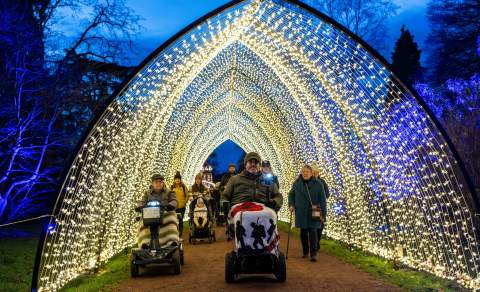 Westonbirt Accessible Christmas - trampers travelling through alit archway