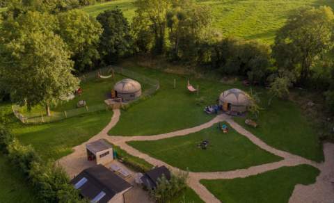 Aerial view of Campden Yurts glamping site