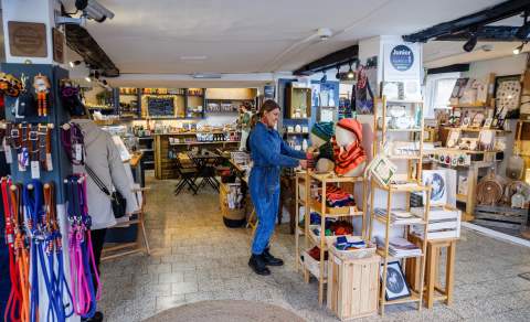 Inside No.31 Burford, a vegan cafe and deli at the rear with a mixture of small businesses selling items including dog accessories, winter hats and scarves, home interiors and children's educational toys