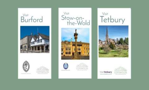 The front covers of three town guides - Burford, Stow on the Wold and Tetbury