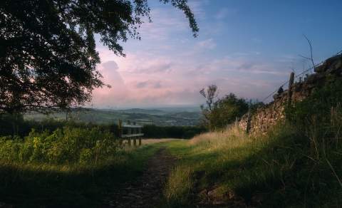 View down a gently sloping footpath with a stone wall on the right and great view ahead