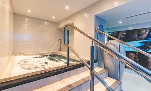 Indoor spa room with a bubbling jacuzzi, stainless steel handrails, and tiled walls. Soft lighting creates a relaxing, tranquil ambiance.