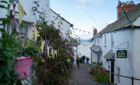 view of a street in Clovelly with hanging baskets in forefront