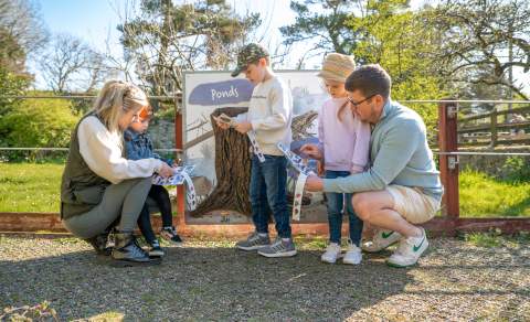 family of fice looking at a trail map at Donkey Sanctuary