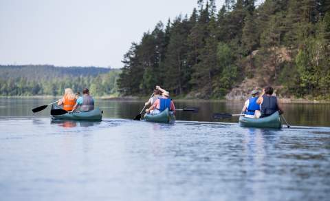 En gruppe mennesker fordelt i tre kanoer padler i sjøen.