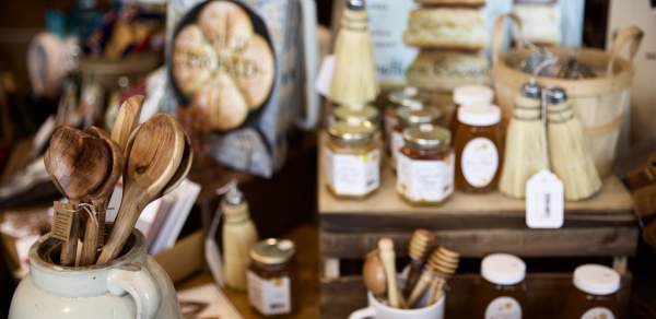 Do Goods Mercantile store display: wooden spoons and jars of food