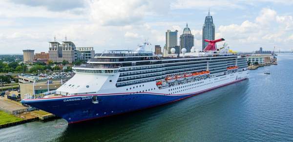 Cruise ship sits docked in the port of Mobile