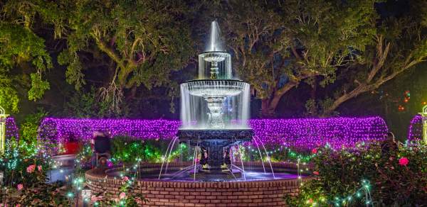 An illuminated water fountain at nights surrounded by purple lights and Christmas decorations