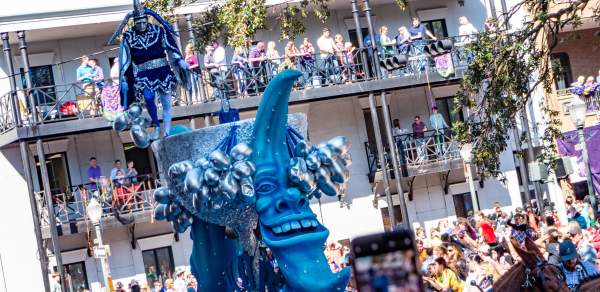 An elaborate blue float from Mobile's Mardi Gras parade